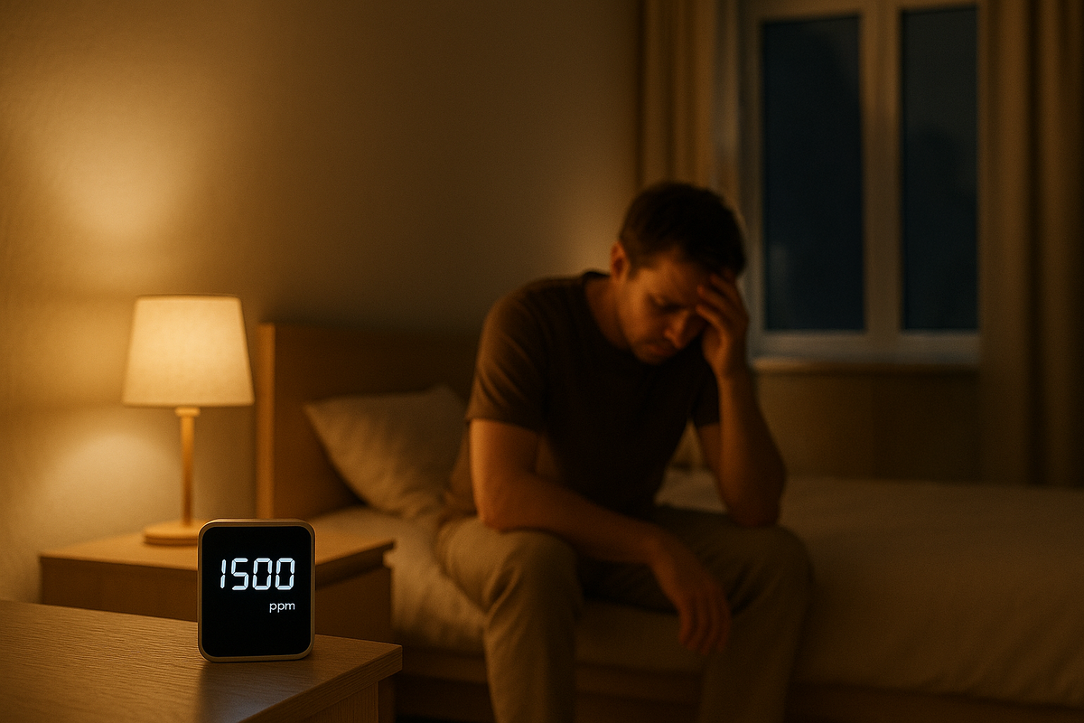 Ночью в спальне прибор на тумбе показывает около 1500 ppm CO₂, на кровати человек с явным дискомфортом. Кадр иллюстрирует, как повышенный уровень углекислого газа делает воздух тяжелым и вызывает головную боль и вялость