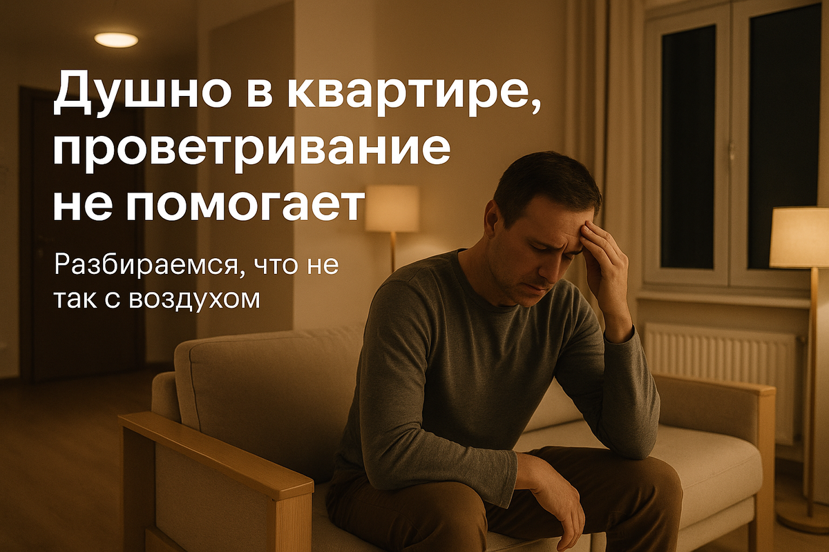 Вечер в квартире: мужчина сидит на диване с тяжелой головой, за спиной закрытые пластиковые окна. Иллюстрация к теме духоты в квартире, когда простое проветривание не помогает и требуется разбираться с вентиляцией и качеством воздуха