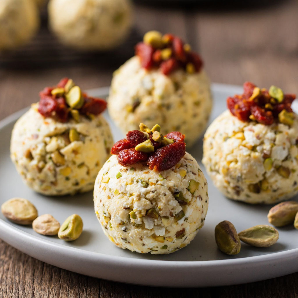 Сырные шарики с вялеными томатами и фисташками  