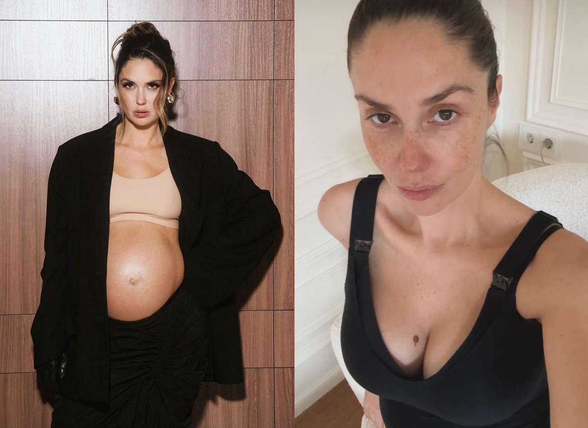 Агата Муцениеце незадолго до и сразу после родов. Фото: соцсети