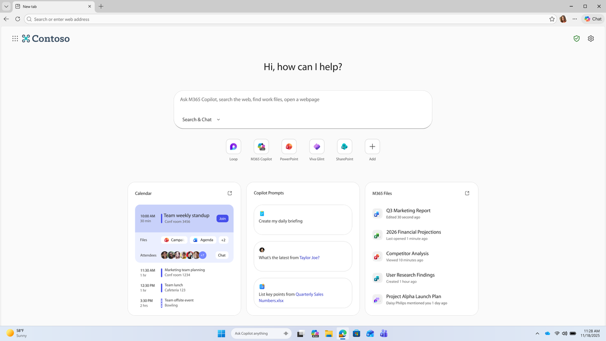 Изображение: Microsoft. Страница новой вкладки с умным помощником "Microsoft 365 Копилотом".