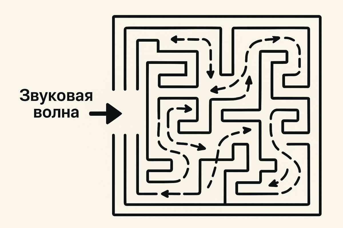 Схематичное изображение ячеистой структуры акустического метаматериала. Звуковая волна входит слева, запутывается в лабиринте каналов и резонаторов, теряя энергию. Стрелками показано движение и рассеивание волны