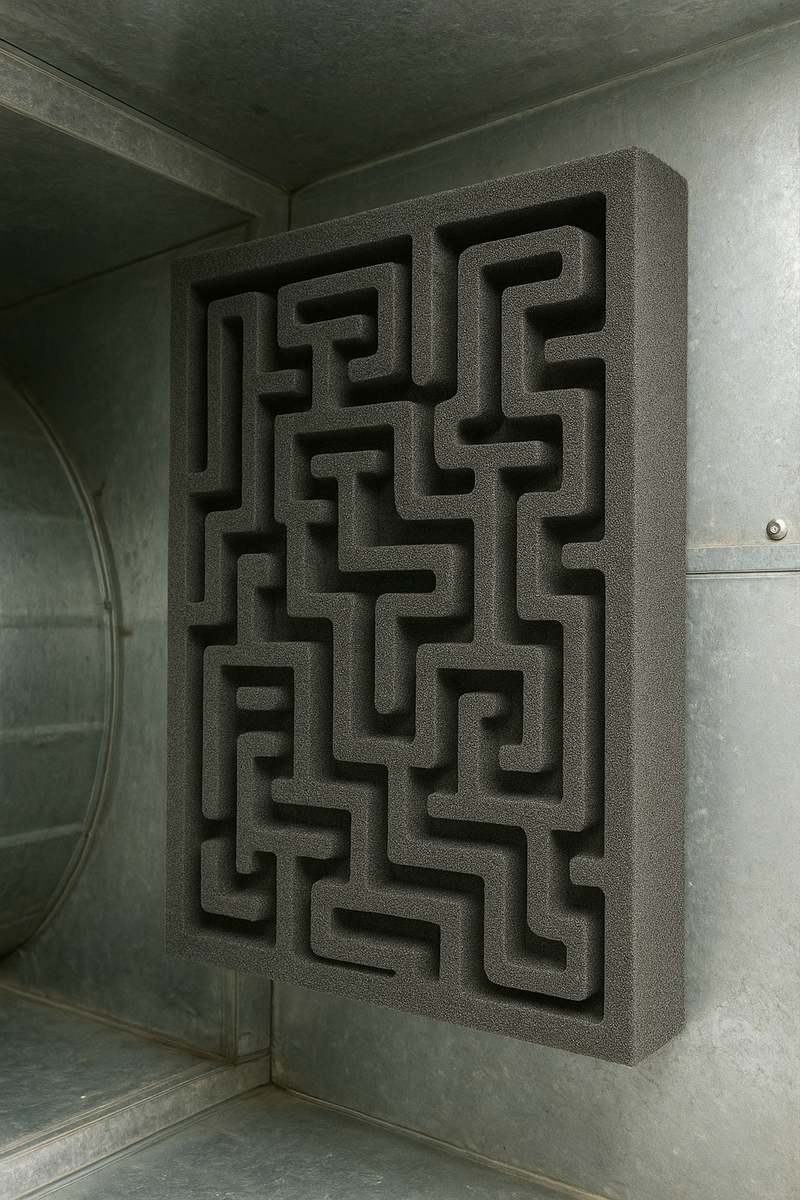 Фотография опытного образца акустической панели сложной геометрической формы, установленной в вентиляционной шахте для поглощения низкочастотного гула