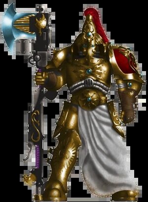 Кустодий из числа Эмиссаров Императора, вооружённый топором кастеляна; на принадлежность указывает красный наплечник и серо-белая роба