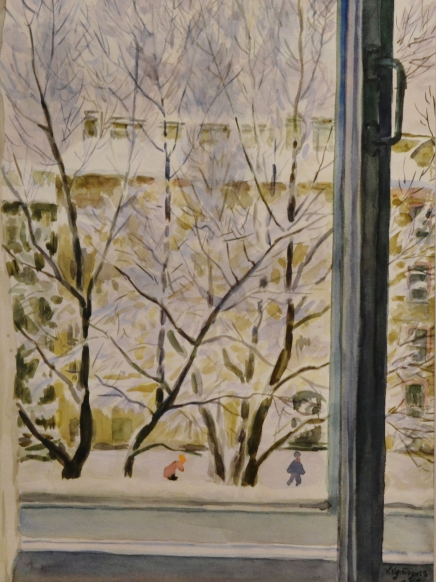 Кирилл Кустодиев. "За окном", бумага, графитный карандаш, акварель,1966г. Салон "Антикварные сезоны". Фото автора канала 