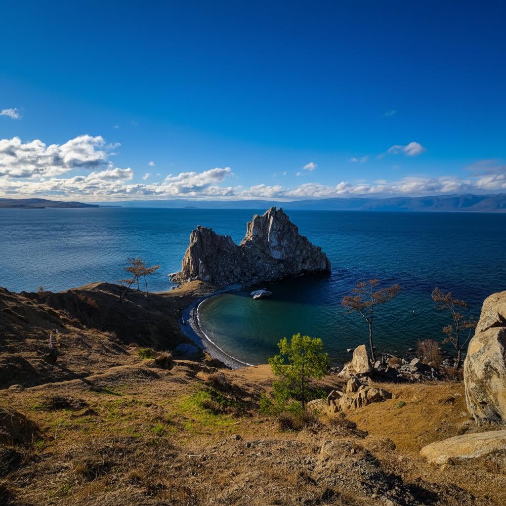 Вид на скалу Шаманку (мыс Бурхан) с берега