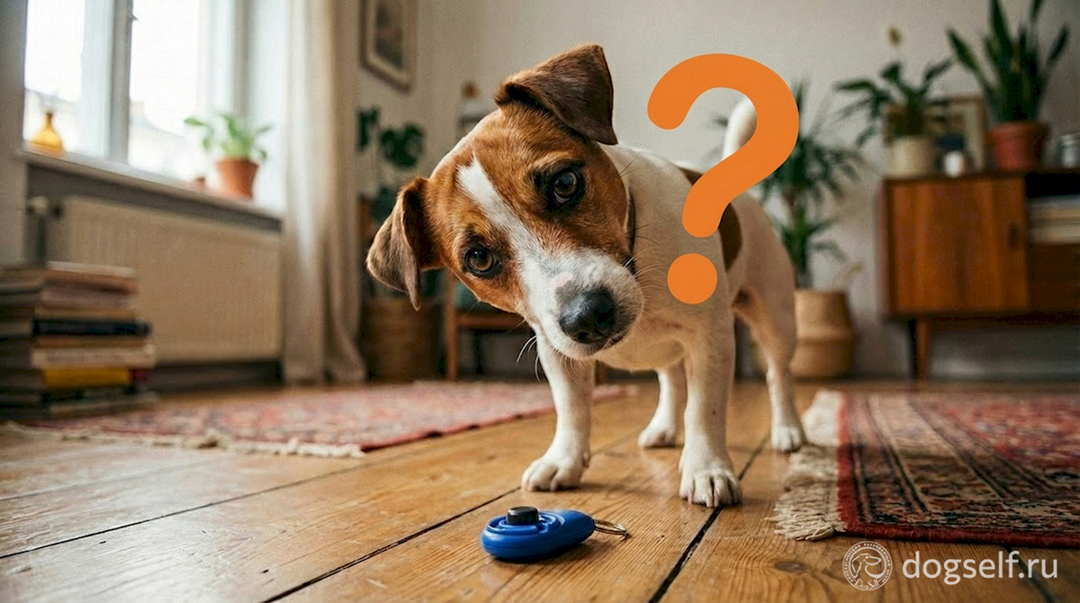 Кликер – это простой инструмент, но для собаки это начало увлекательного путешествия: в этот момент она впервые встречается с звуком, который скоро будет обещанием награды | Иллюстрация: DogSelf