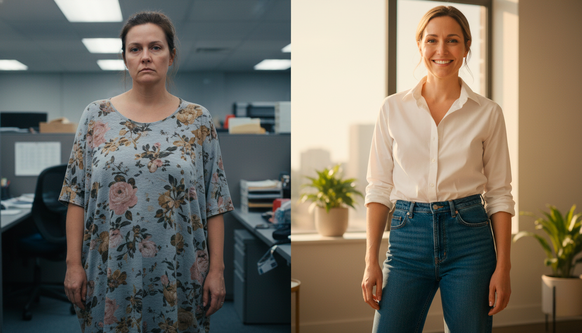 Слева — как «удобная» одежда визуально прибавляет 10 лет и тяжесть фигуре. Справа — та же женщина, но в современных вещах: образ стал легким, статусным и молодым.