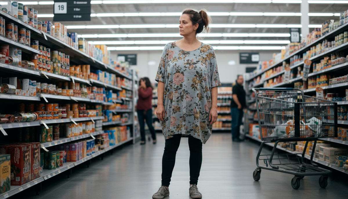 Мешковатая туника скрывает талию, превращая силуэт в «прямоугольник», а крупный цветочный принт удешевляет образ.