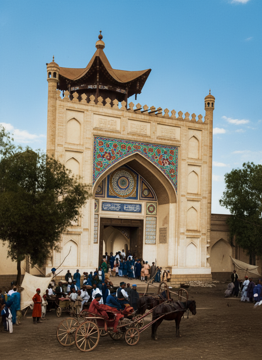 Ворота таранчинской (уйгурской) мечети в Джаркенте.