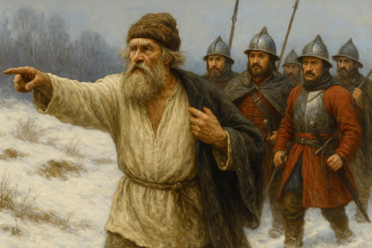 Костромской крестьянин Иван Сусанин уводит польский отряд в зимний лес.