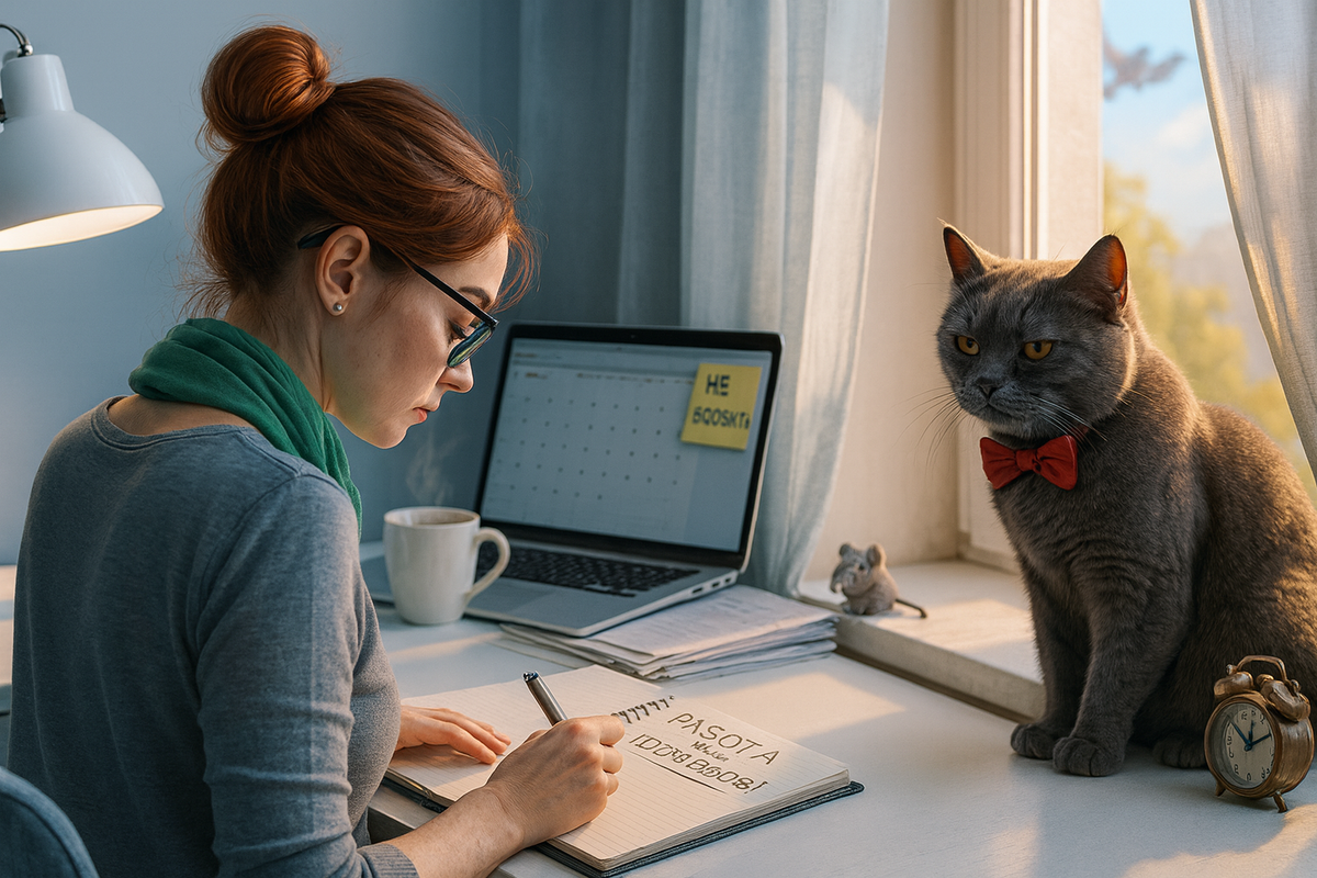 Иллюстрация создана автором с помощью нейросети специально для статьи
"Домашний специалист по work-life balance скептически оценивает нереалистичные планы хозяйки: 8 часов подряд за компьютером противоречат базовым принципам кошачьей эргономики"