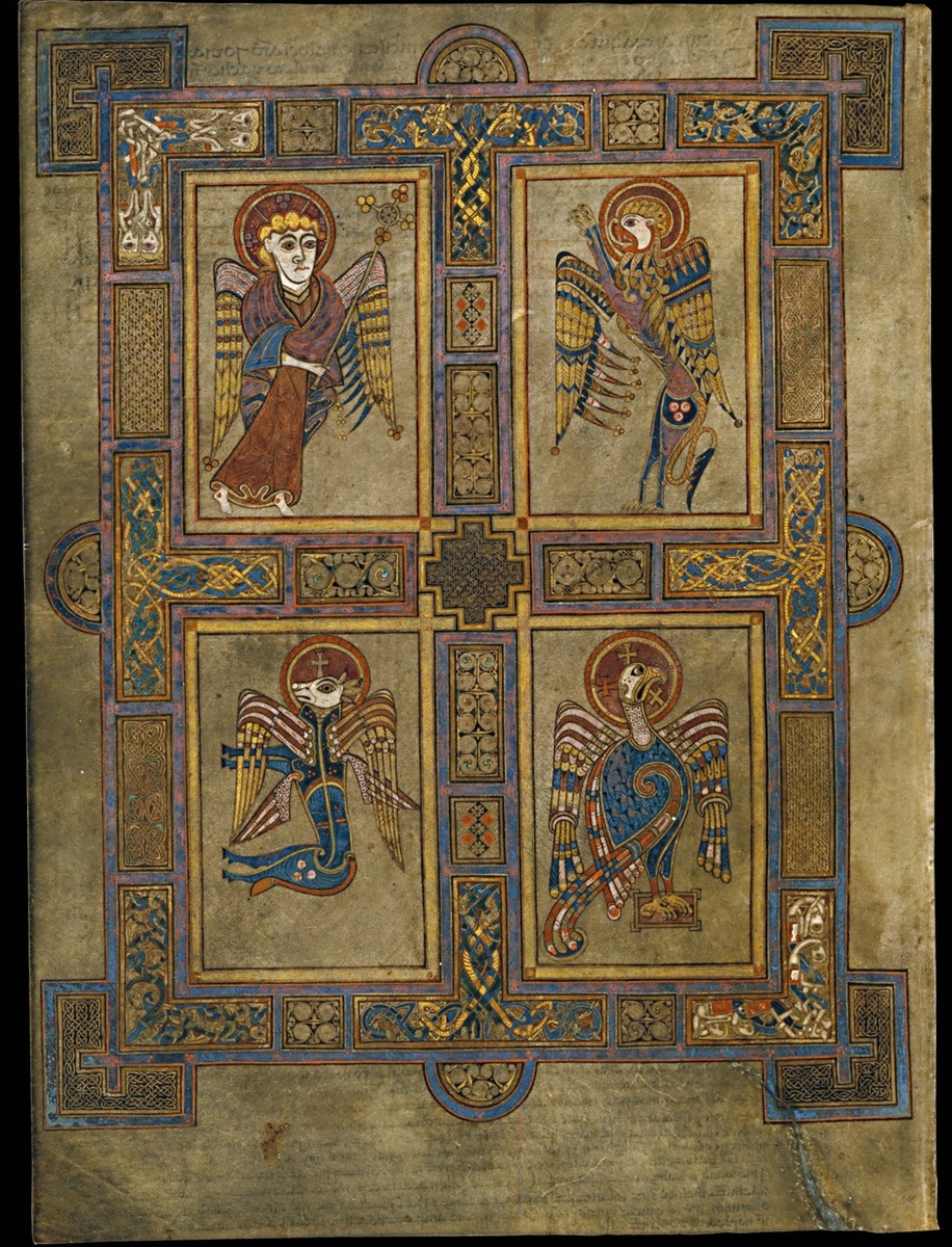Символы Евангелистов в начале Евангелия от Матфея. The Book Of Kells. VIII - IX с. Trinity College Library Dublin. Folio 27v.
