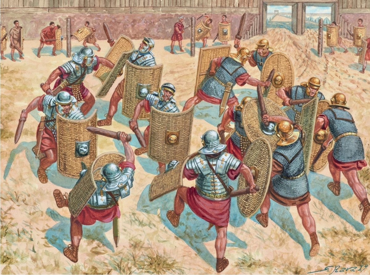 Тренировка римских легионеров.

Художник: Джузеппе Рава.