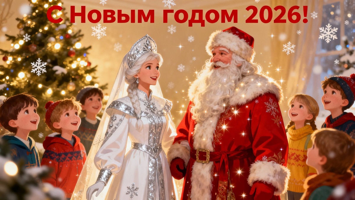 Дед Мороз со Снегурочкой в кругу ребятишек/ сделано нейросетью