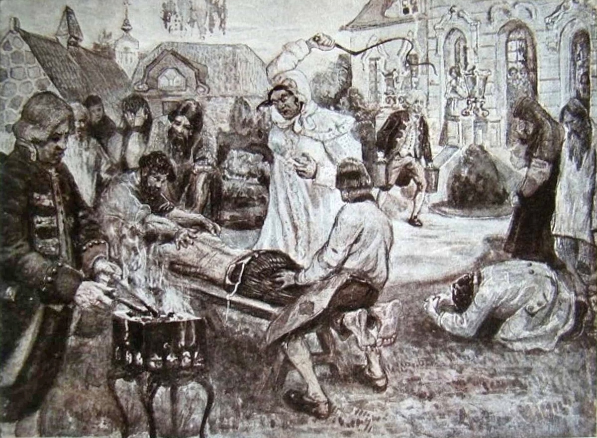  Иллюстрация работы Курдюмова к энциклопедическому изданию «Великая реформа» на которой изображены истязания Салтычихи «по возможности в мягких тонах». 