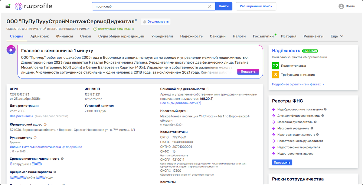 Пример карточки предприятия с руспрофайл