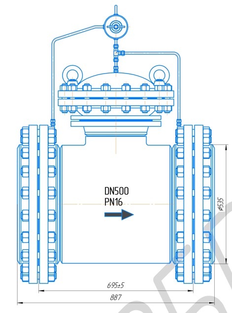 Габаритный чертёж регулятора давления серии Atlant P 300 Dn 500 Pn 16