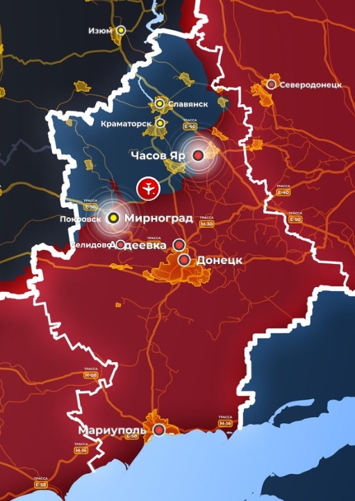    Территория ДНР. Синим цветом обозначены районы, пока находящиеся под контролем Украины. Карта Mash