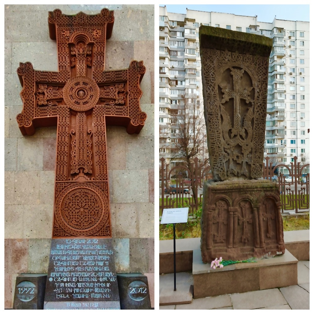 Хачкар - вид армянской архитектуры, представляющий собой каменную стелу с резным изображением креста. Название происходит от слов «хач» - крест и «кар» - камень. 

Камень-крест в давние времена ставили на площадях, во дворах домов, храмов и монастырей, посвящая их военным победам, национальным праздникам, памятным событиям, открытию очередной православной церкви, а также правителям, воинам-героям.

Хачкары не имеют аналогов в мировом искусстве. 

Изготавливают хачкары в возникающих камнерезных мастерских. Часто эти памятники заказывают в мастерских Армении. 

Здесь хачкар, установленный в 2012 году в память о 20 летии трагической депортации коренного армянского населения Шаумяновского района Арцаха.

Второй старинный хачкар XVI - XVII вв. установлен в честь освящения основ Кафедрального собора.