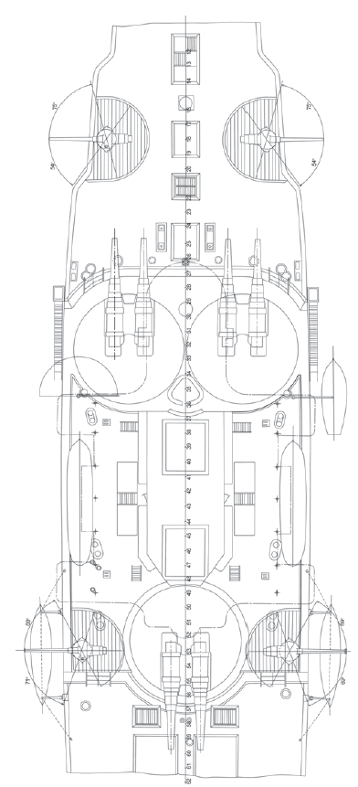 Проект установки на верхней палубе линейного корабля «Синоп» четырех 152-мм 45-калиберных орудий. Публикуется впервые.
По материалам РГАВМФ. Ф. 876. Оп. 7. Д. 26