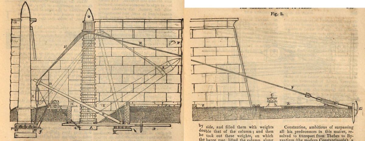 Демонтаж обелиска в Луксоре (из статьи в The Mechanics' magazine, museum, register, journal, and gazette v.21:no.556-581 1834 г.)