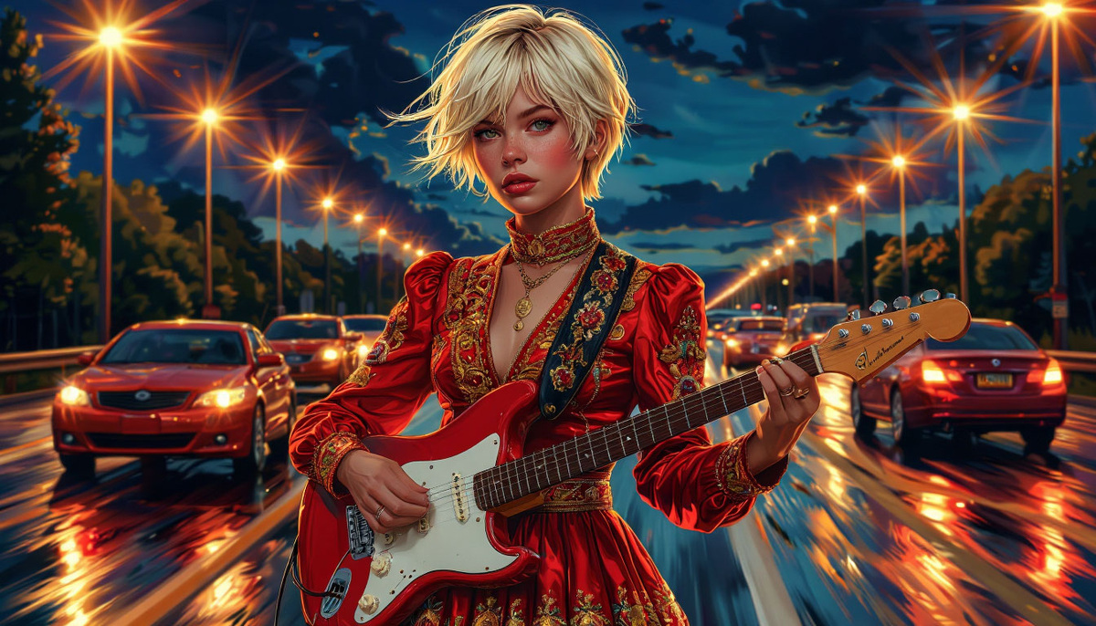 Менестрель посреди магистрали. Изображение от ИИ Шедеврум