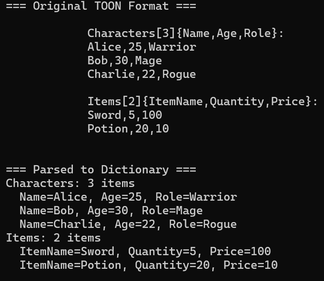 Сравнение структуры TOON и JSON, демонстрирующее экономию токенов.