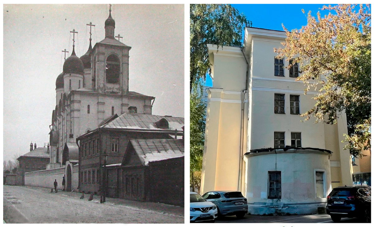 Внешний фасад соборной старообрядческой церкви Успения Пресвятой Богородицы, Москва: 1910–1917 гг., https://pastvu.com/p/2192143. В настоящее время — в 1950-х годах церковь была переоборудована в жилое помещение, сохранились только бывший алтарь церкви и угловые колонны.