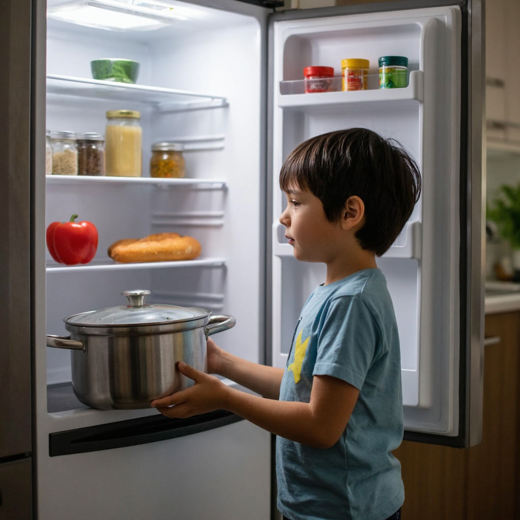 Иллюстрация при помощи нейросети. Ребёнок не знает, можно ли взять еду, и как её разогреть