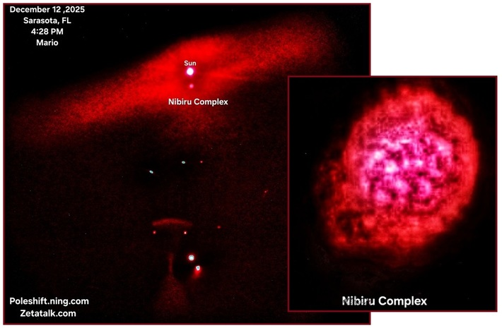 Выше — Нибиру под Солнцем, а ниже — ближе к Земле — бензиновые пожары!                     
И ТАК ,
Эти изображения выполнены в двух измерениях и поэтому показывают как происходящее на расстоянии, так и происходящее на внешней границе земной атмосферы, где всё чаще можно увидеть горящий бензин, в котором только что появилось достаточно кислорода для горения. Нибиру находится под Солнцем, а её огромный хвост тянется влево и вправо, а также опускается вниз, к Земле. По мере приближения Нибиру можно будет рассмотреть такие детали, как доминирующие луны по обе стороны от неё.

Большие шары среди бушующей внизу «Нефтяной бури» — это не планеты, а огненный шторм из горящего на поверхности атмосферы «Нефти». Это путаница, возникающая при просмотре изображений в 2D, когда они включают в себя как ближние, так и дальние объекты. В конце концов «Нефтяная буря» на поверхности выровняется и превратится в свечение неба от горизонта до горизонта, сопровождаемое звуком туманного горна из-за того, что вибрирующая атмосфера многократно нагревается и охлаждается.
EOZT