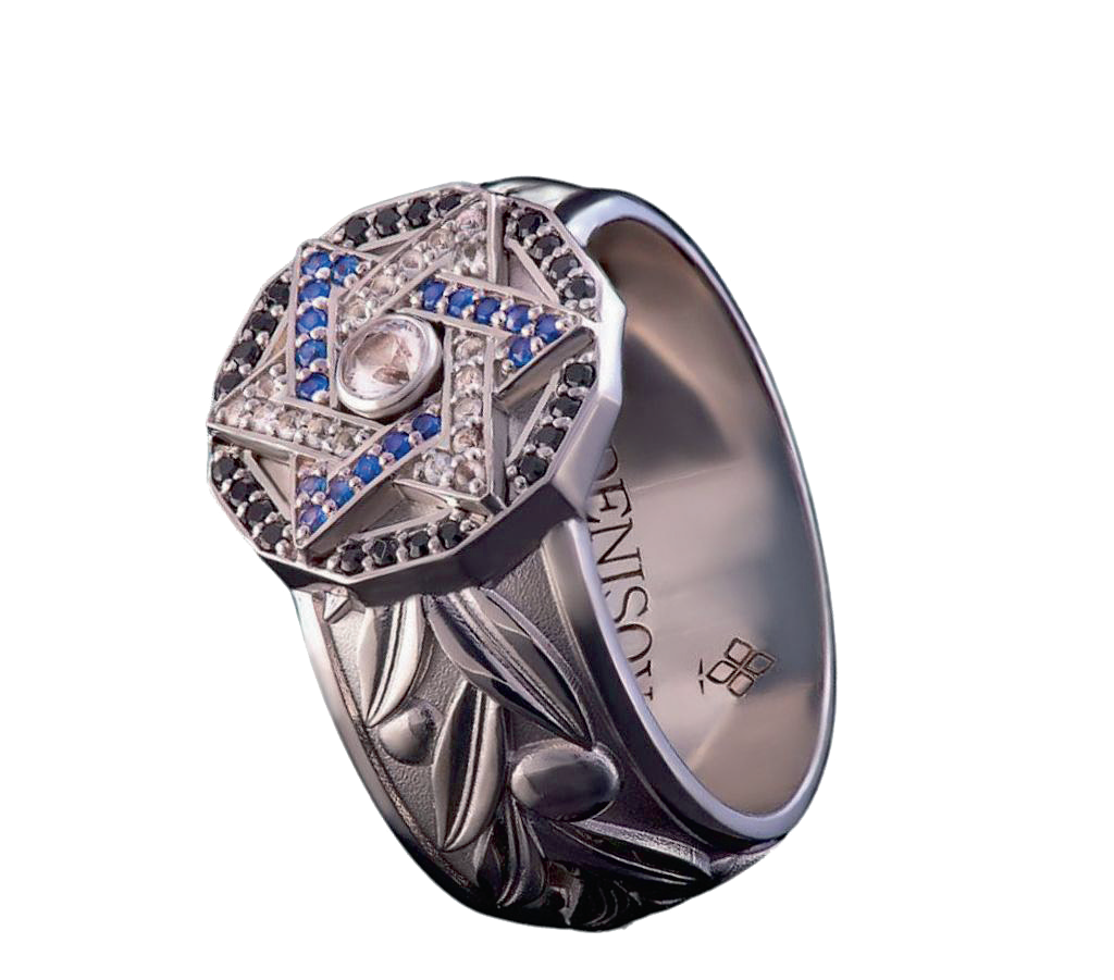 Кольцо «Звезда Давида» из белого золота с черными бриллиантами и сапфирами