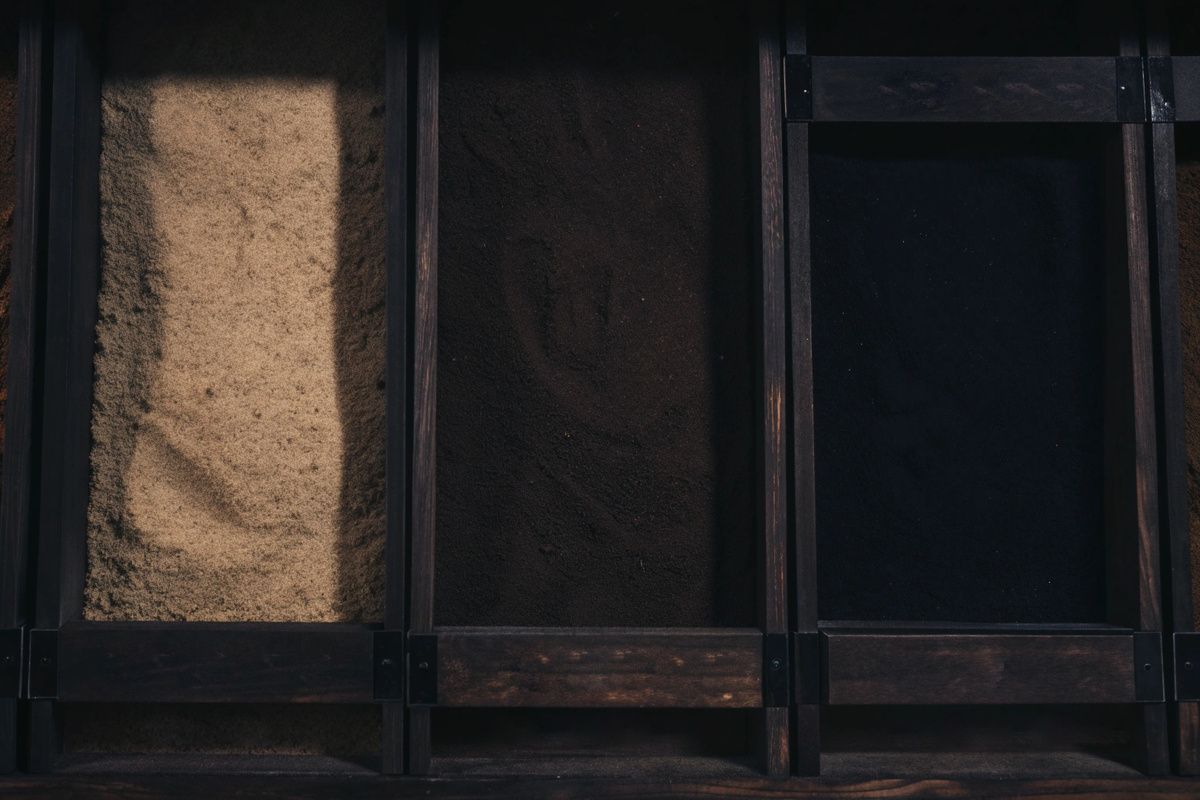 Крупный план трех образцов грунта в деревянных ящиках.