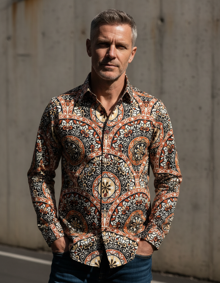 Рубашка приталенного силуэта. Материал- хлопколён со стилизованным этно-принтом. https://bestout.ru/shop/rubashka-iz-hlopka-i-lna/