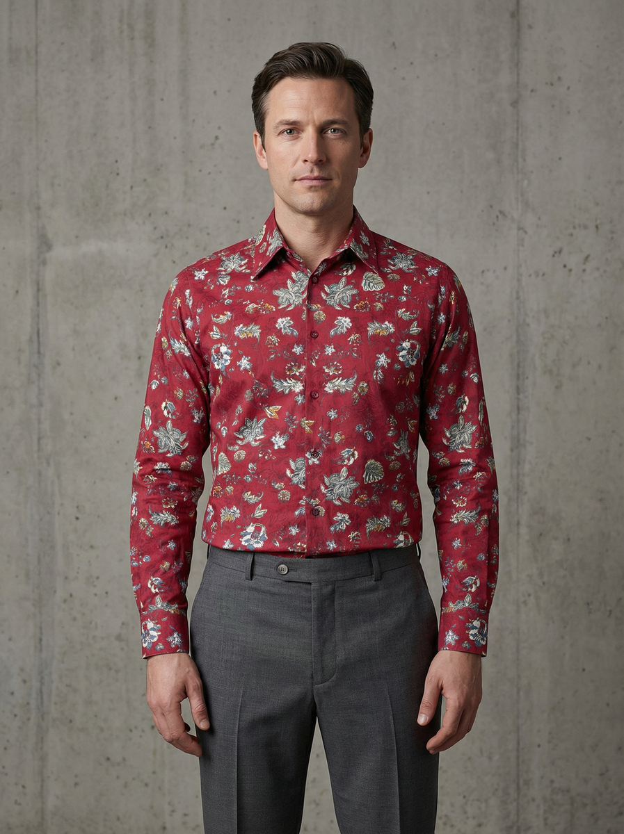 Рубашка приталенного силуэта с растительным принтом на терракотовом фоне из тонкого хлопка. https://bestout.ru/shop/rubashka-iz-hlopka-red/