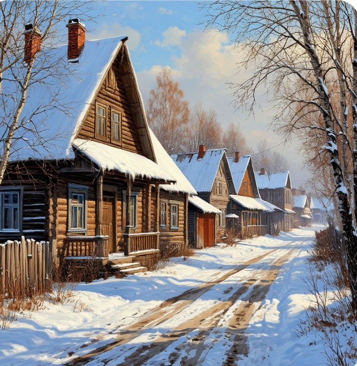 Зимняя сельская пастораль от ИИ. На карточку поставлю 😁