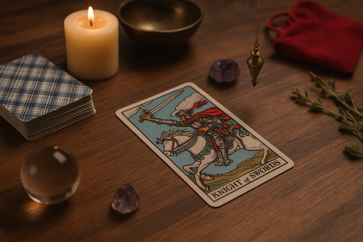 Рыцарь Мечей в центре — момент честного шага и быстрых решений.