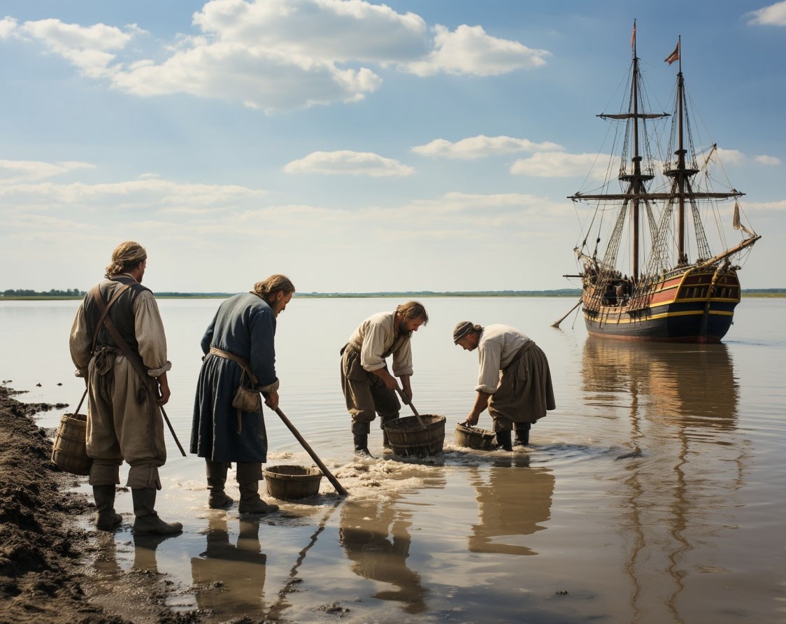 Алиса утверждает, что эти моряки добывают соль. По-моему, они просто собирают грязь