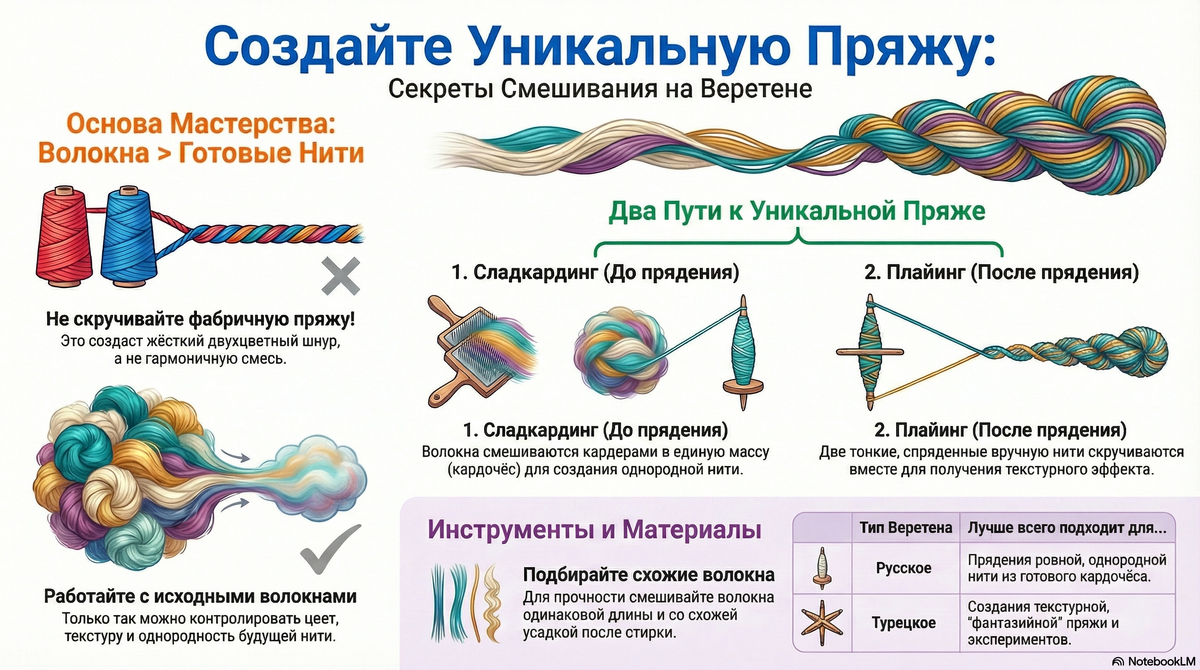 смешивание пряжи на веретене