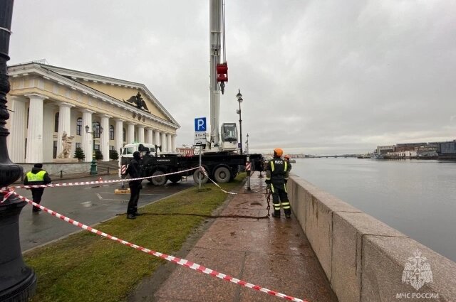    Спасатели с помощью крана достали машину из воды. Фото: Telegram-канал «МЧС Санкт-Петербурга».