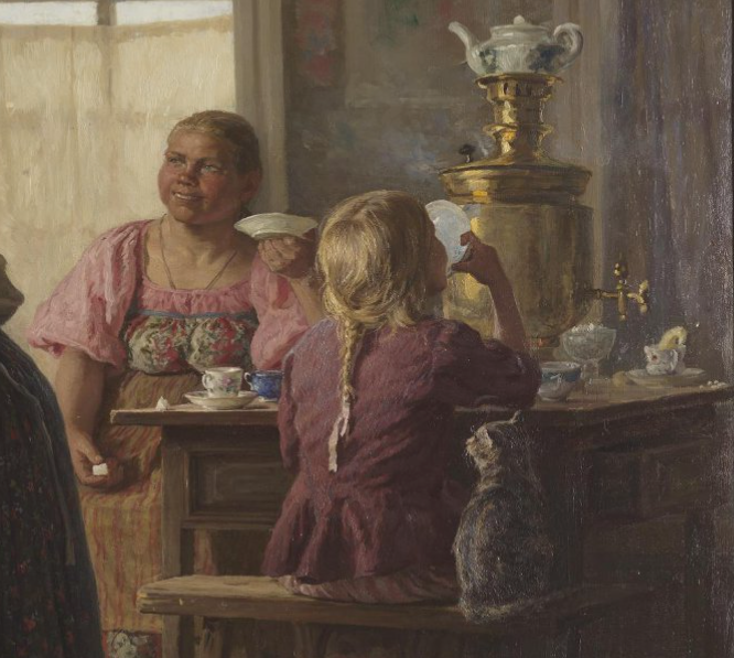 Сцена чаепития в зажиточной крестьянской семье. Фрагмент картины Василия Максимовича Максимова «Лихая свекровь» (1892 год). Из собрания отдела личных коллекций ГМИИ имени А.С. Пушкина