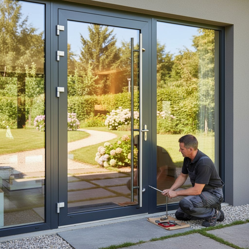 Монтаж входной группы в дачном доме — правильная посадка двери и контроль геометрии.