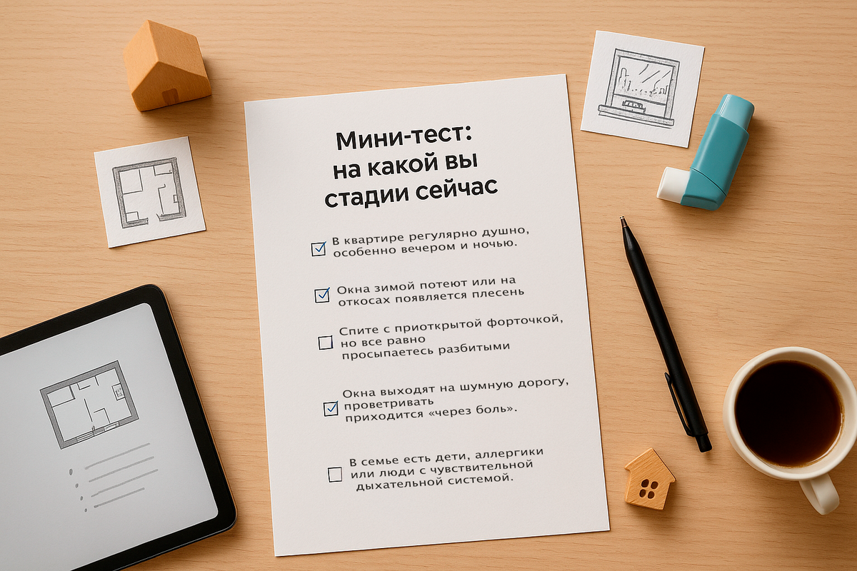 Мини-тест на листе помогает понять, на какой стадии проблемы с воздухом находится квартира: уже есть духота, запотевшие окна, аллергики в семье и пора задуматься о приточной вентиляции, а не только о проветривании