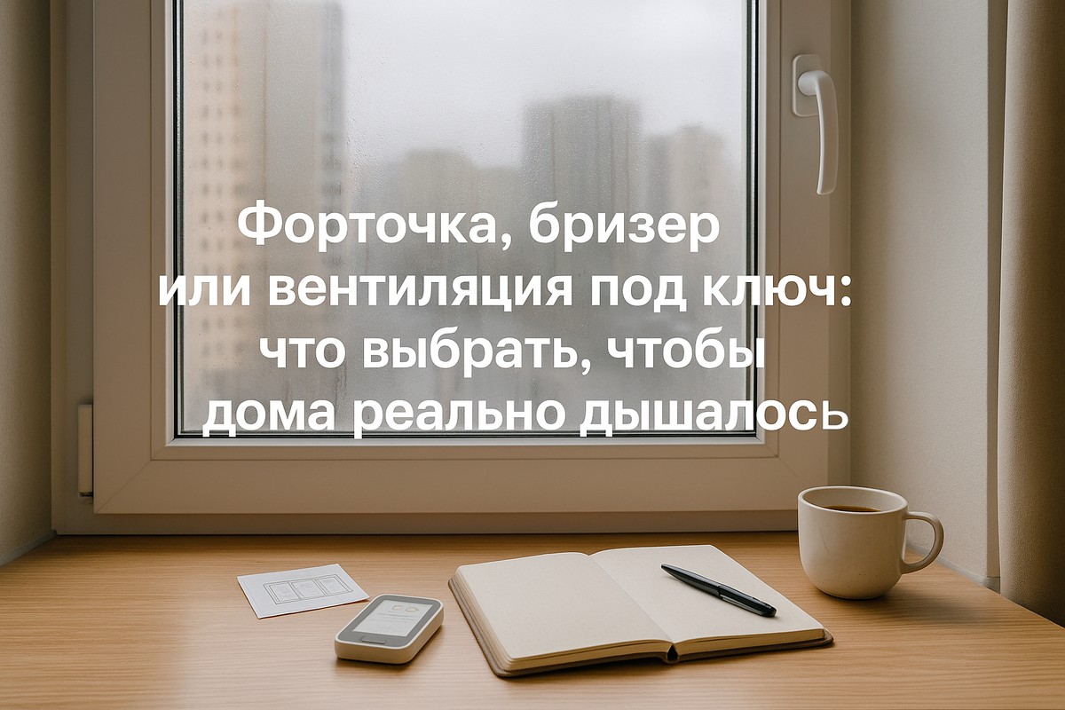 Запотевшее пластиковое окно в городской квартире, на подоконнике блокнот и датчик воздуха. Обложка к статье о том, как выбрать между форточкой, бризером и вентиляцией под ключ, чтобы дома действительно появился свежий воздух, а не только проветривание на время
