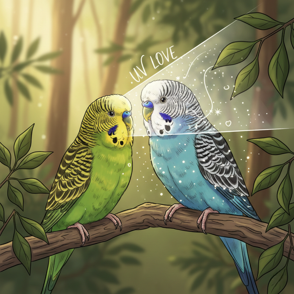 Как видят друг друга попугаи: самец волнистого попугайчика и его свечащаяся в ультрафиолете восковица — неоновый маяк для самки. Иллюстрация к удивительному научному факту о птичьей любви.