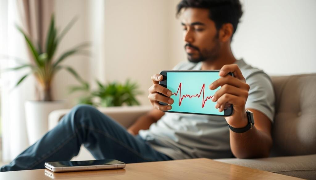    Молодой человек, использующий смартфон для измерения пульса, в спокойной обстановке