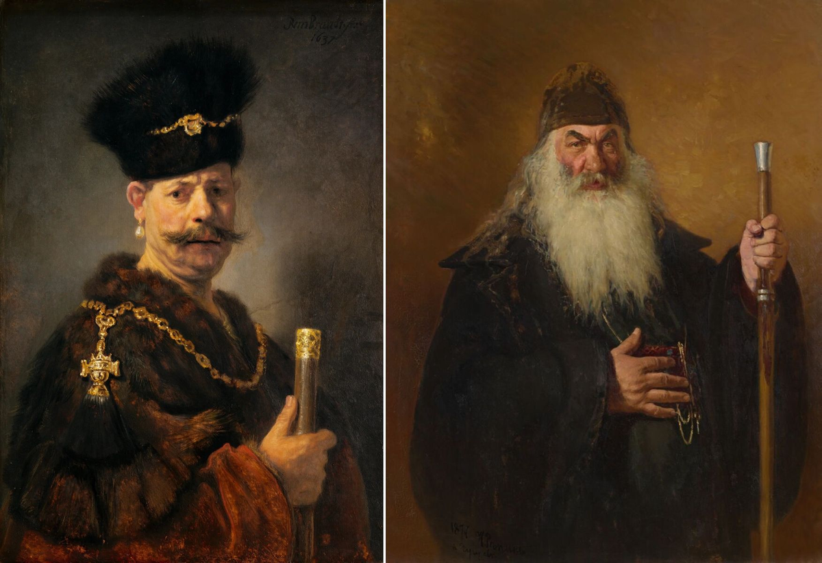 Слева: Рембрандт ван Рейн. «Портрет польского шляхтича», 1637 год, Национальная галерея искусств, Вашингтон © Public domain // Справа: Илья Репин. «Протодиакон», 1877 год, Государственная Третьяковская галерея, Москва © Public domain
