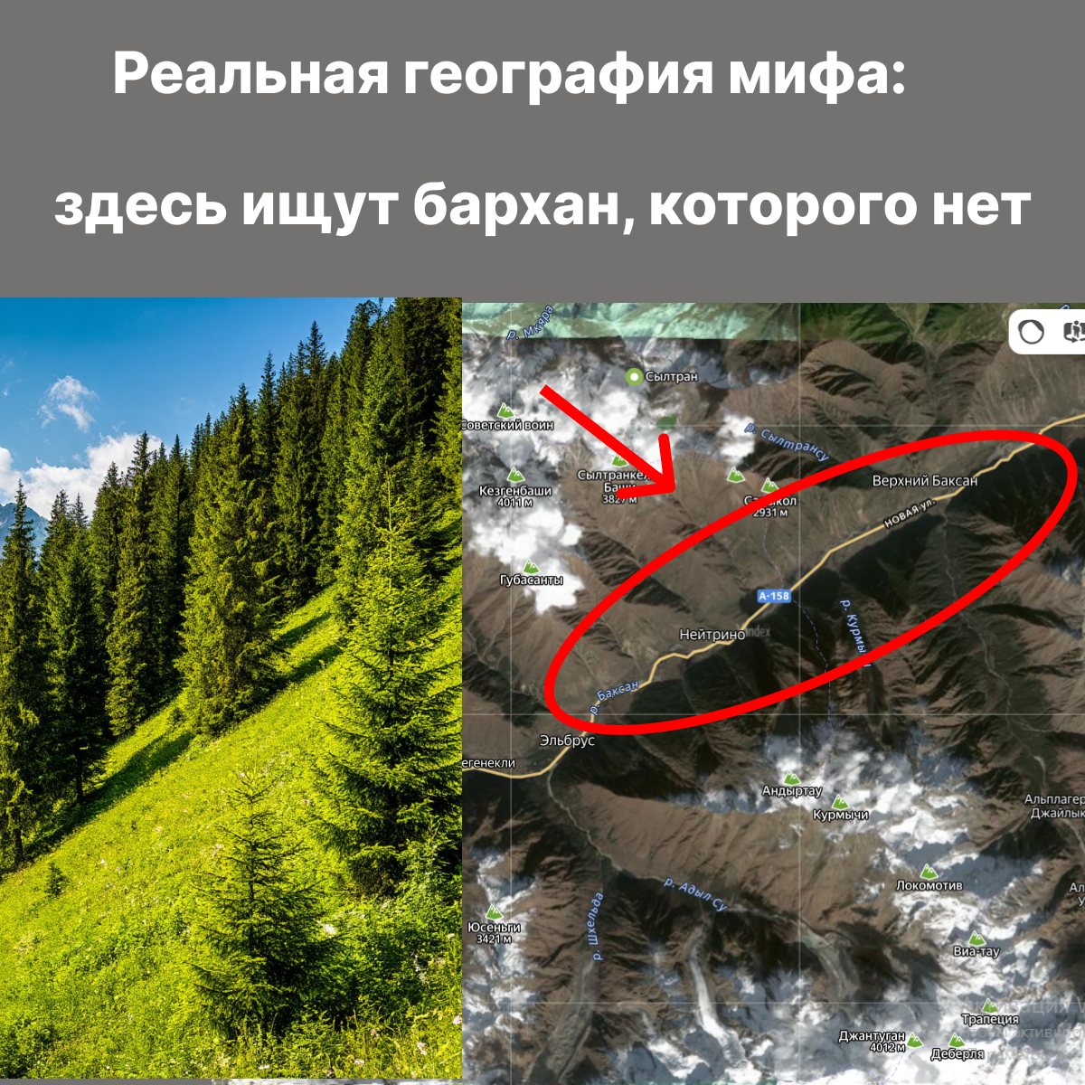 Визуализация автора. Картографическая основа: Яндекс.Карты. Пейзаж сгенерирован нейросетью Яндекс ART по запросу «типичный лесистый склон Кабардино-Балкарии».