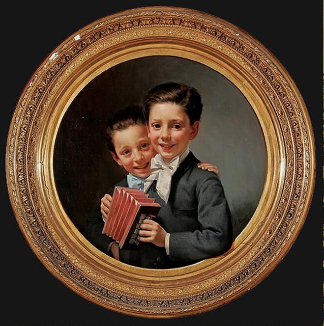 Обратите внимание, как локоть мальчика с гармошкой выходит из рамы - и только увидев это, мы понимаем, что рама нарисована! 