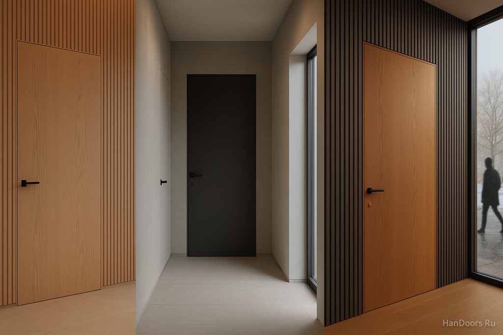    Гладкое полотно + рельефные панели: контраст фактур вокруг входной двери Autor